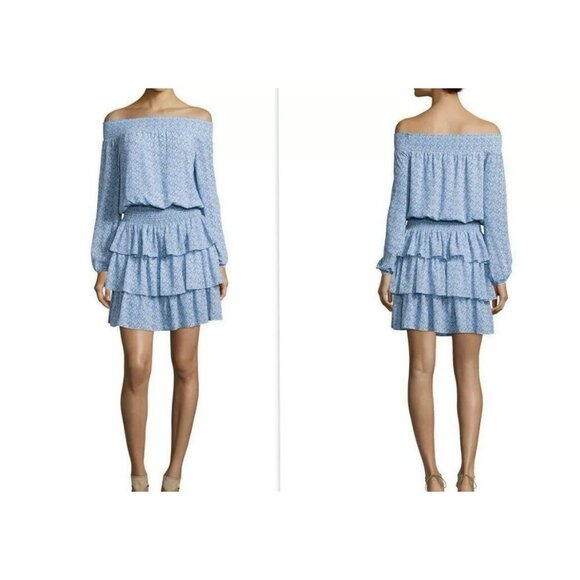 MICHAEL KORS Off-Shoulder Smocked Waist Red Ruffle Flounce Skirt Dress Size 8 - Picture 2 of 8